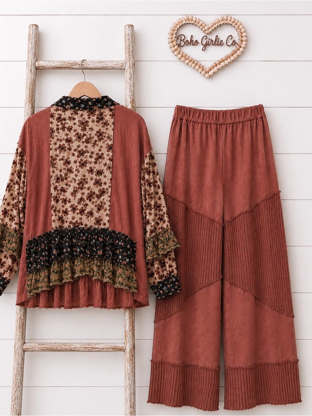 Boho GirLie POL SET: “The Larue” rustic red Wide-Leg Pants and floral top. - Picture 2 of 5